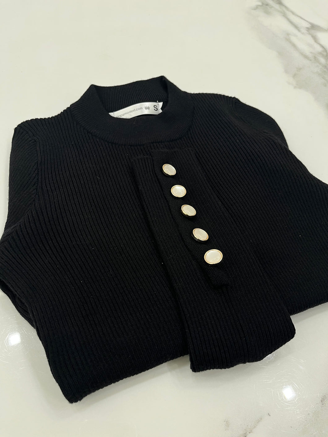 BLACK PEARL Button Cuff  Round Neck Sweater
