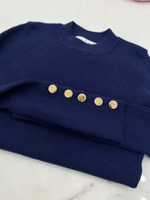 Load image into Gallery viewer, NAVY Button Cuff  Round Neck Sweater
