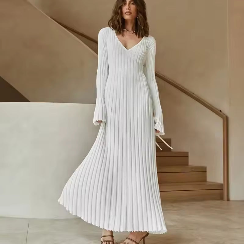 White Elegant Knit Pleat Aline V Neck
